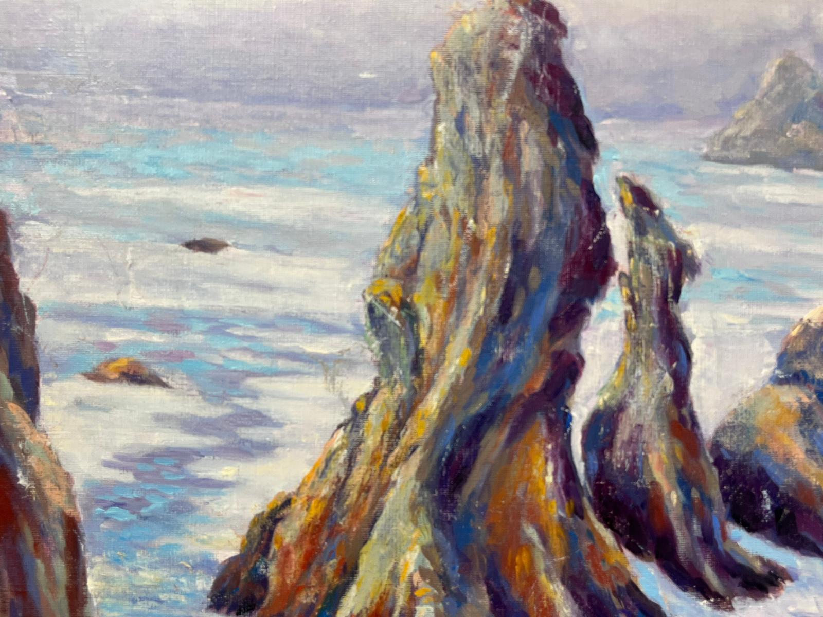 Contemporary French Impressionist Oil Tall Rocks Crashing Waves Seascape For Sale 1