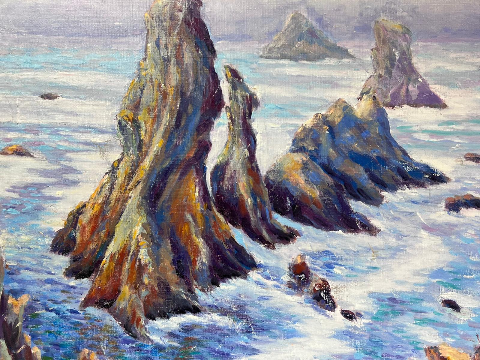 Contemporary French Impressionist Oil Tall Rocks Crashing Waves Seascape For Sale 2