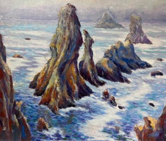 Vintage Contemporary French Impressionist Oil Tall Rocks Crashing Waves Seascape