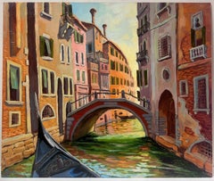 Contemporary French Impressionist Oil The Quiet Backwater Canal Venice