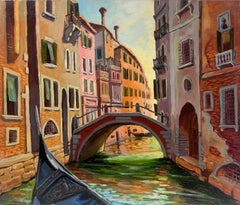 Contemporary French Impressionist Oil The Quiet Backwater Canal Venice