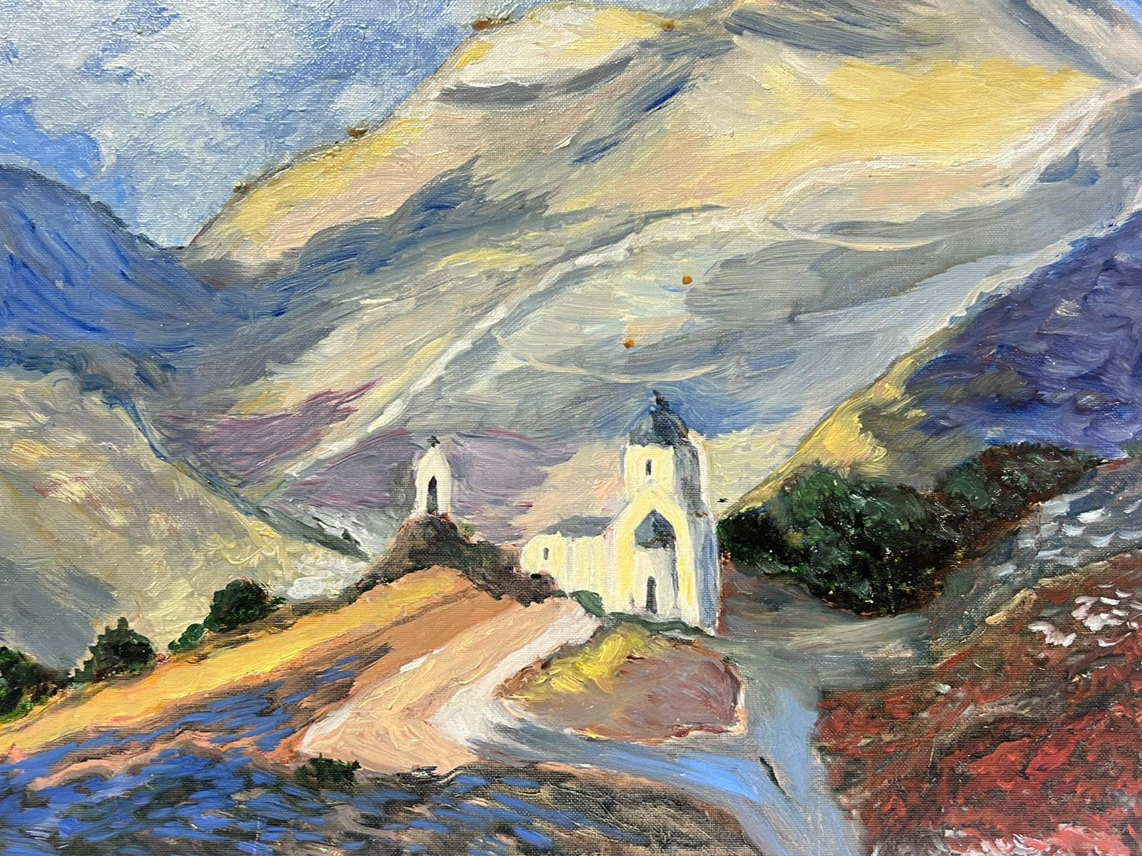 Contemporary French Impressionist Oil White Church In The Mountains - Gray Landscape Painting by Georges Bordonove