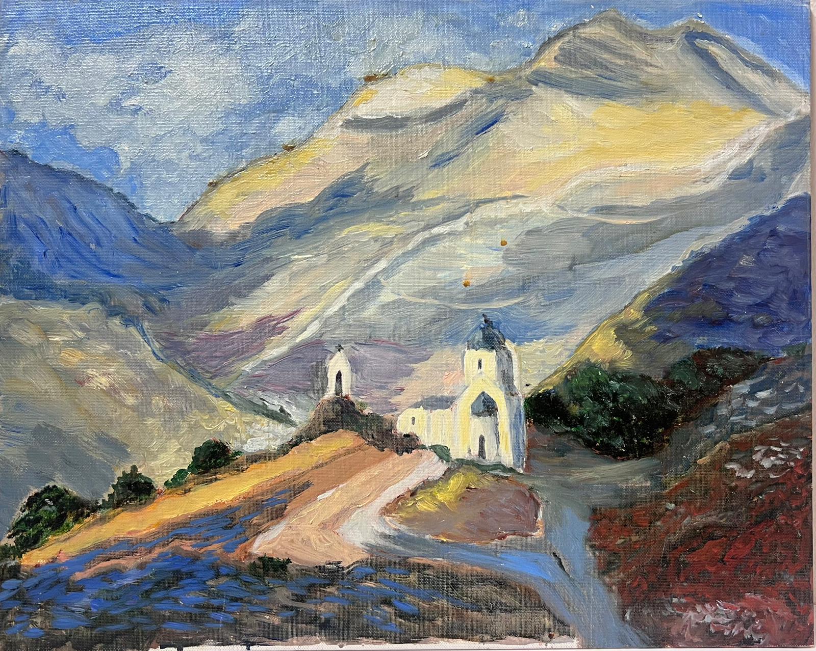 White Church
by Georges Bordonave (French contemporary) 
oil painting on board, unframed
board: 13 x 16 inches
condition: very good
provenance: from a large private collection of this artists work, western Paris, France. 