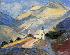 Vintage Contemporary French Impressionist Oil White Church In The Mountains 