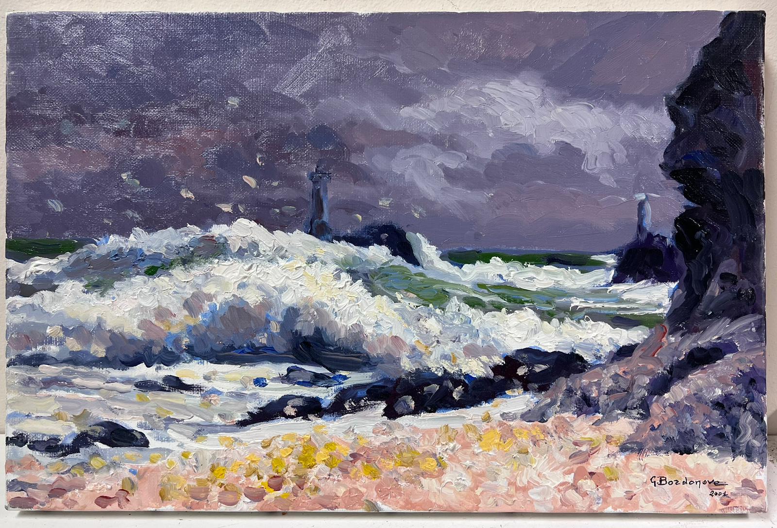 Contemporary French Impressionist Oil White Crashing Waves Against Purple Sea - Painting by Georges Bordonove
