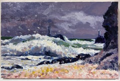 Contemporary French Impressionist Oil White Crashing Waves Against Purple Sea