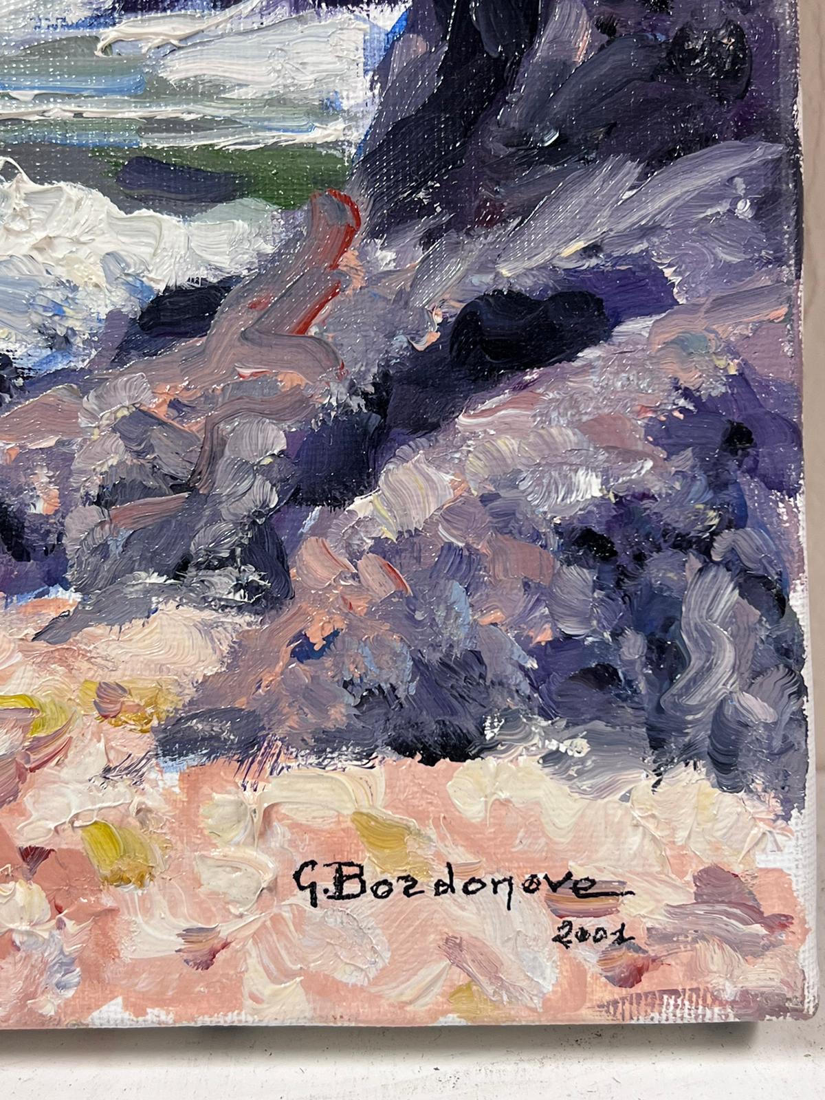 Contemporary French Impressionist Oil White Crashing Waves Against Purple Sea - Gray Landscape Painting by Georges Bordonove
