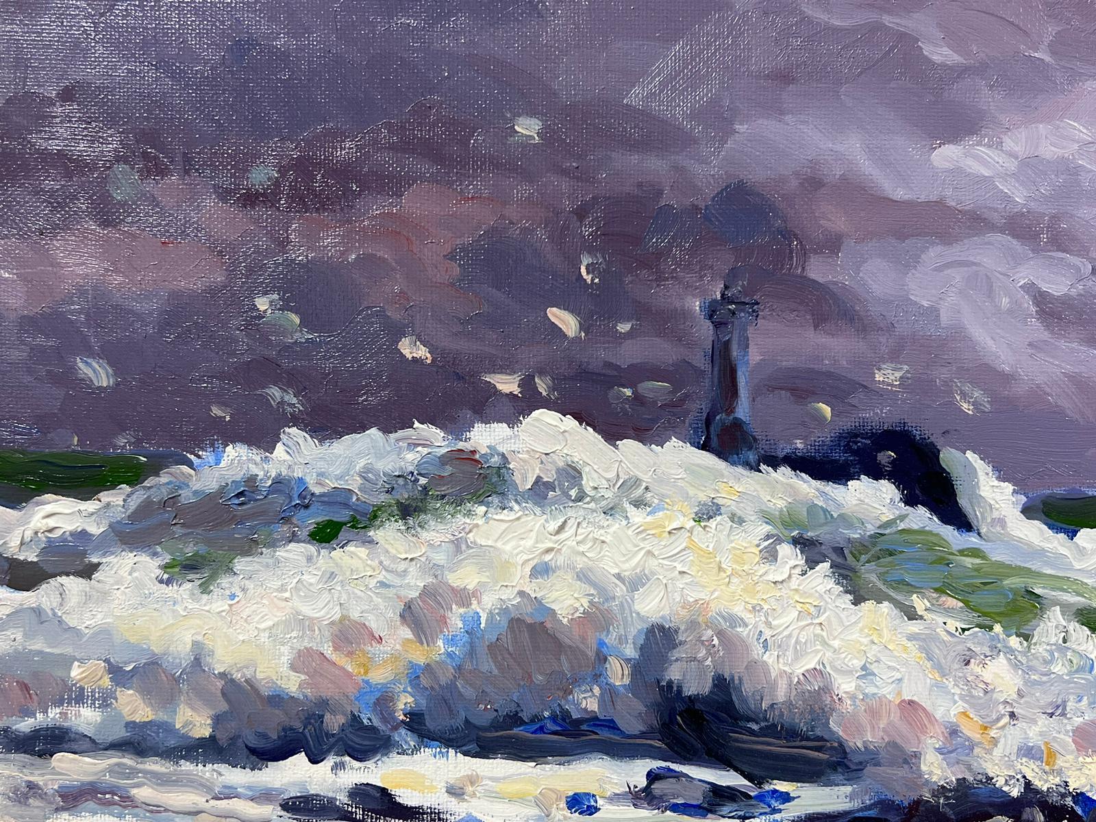 Contemporary French Impressionist Oil White Crashing Waves Against Purple Sea For Sale 2