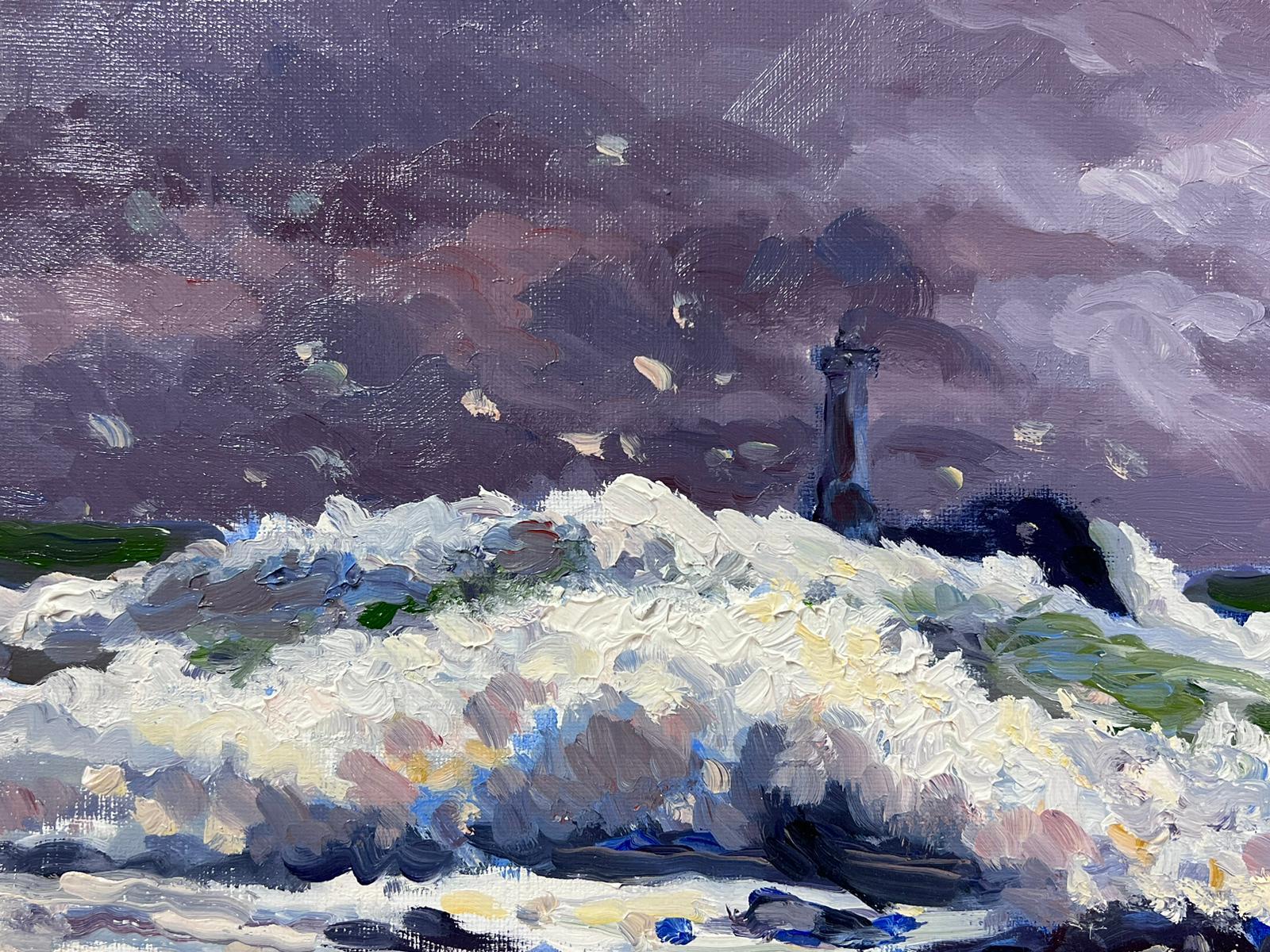 Contemporary French Impressionist Oil White Crashing Waves Against Purple Sea For Sale 1
