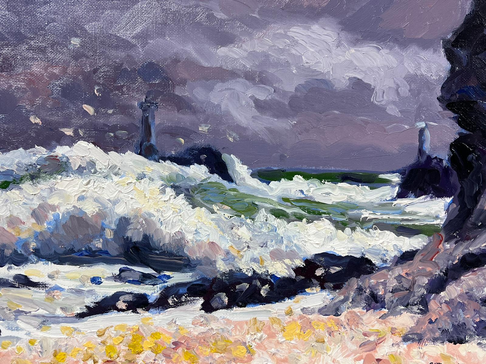 Contemporary French Impressionist Oil White Crashing Waves Against Purple Sea For Sale 3