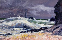 Huile impressionniste française contemporaine Vagues blanches s'écrasant sur une mer violette