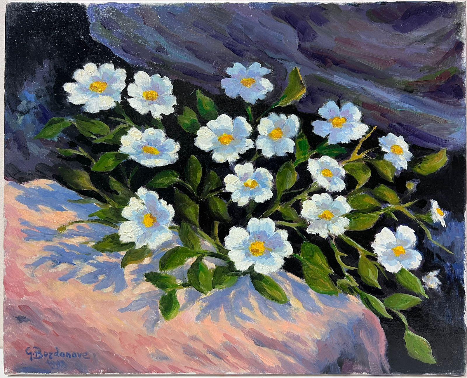 Contemporary French Impressionist Oil White Flowers on Rocky Ledge - Painting by Georges Bordonove