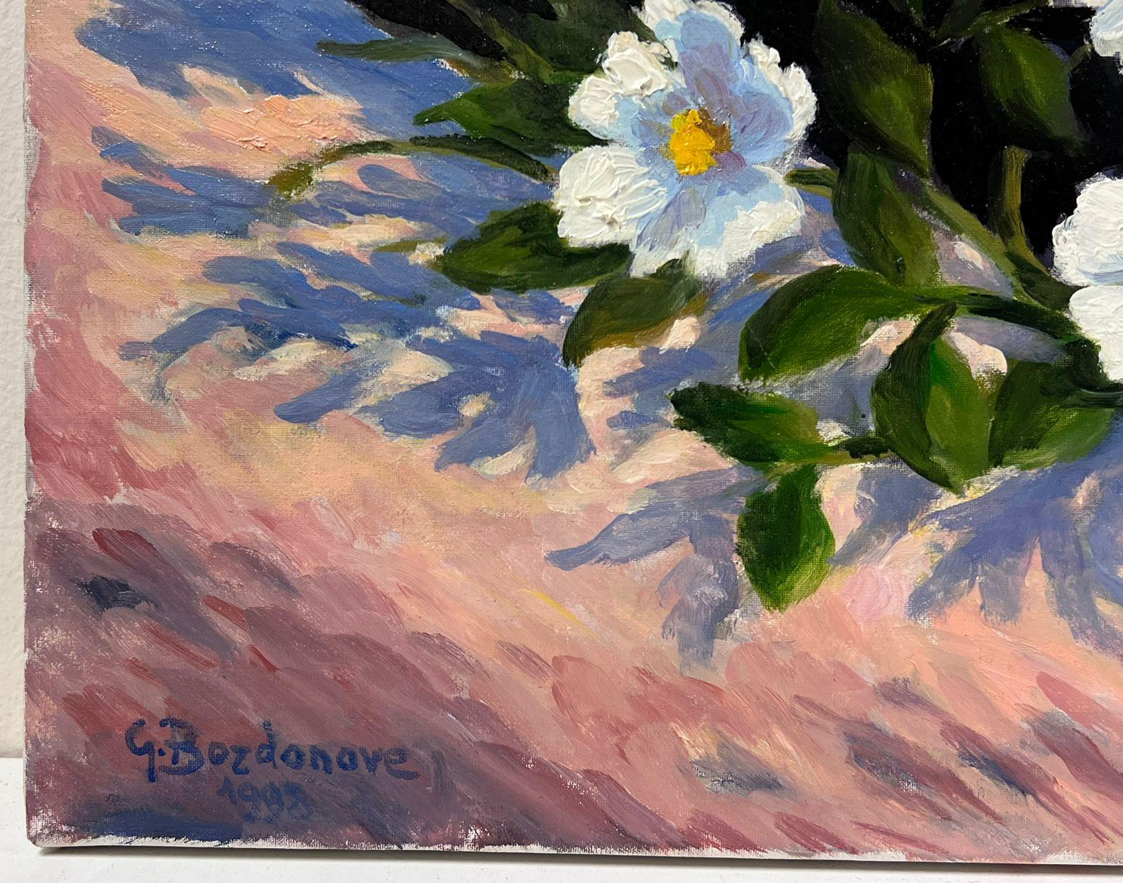 Contemporary French Impressionist Oil White Flowers on Rocky Ledge - Black Still-Life Painting by Georges Bordonove