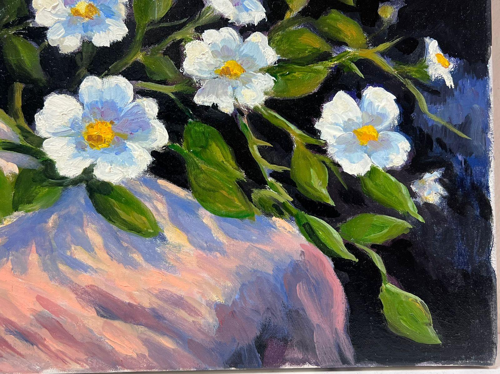 Contemporary French Impressionist Oil White Flowers on Rocky Ledge For Sale 1