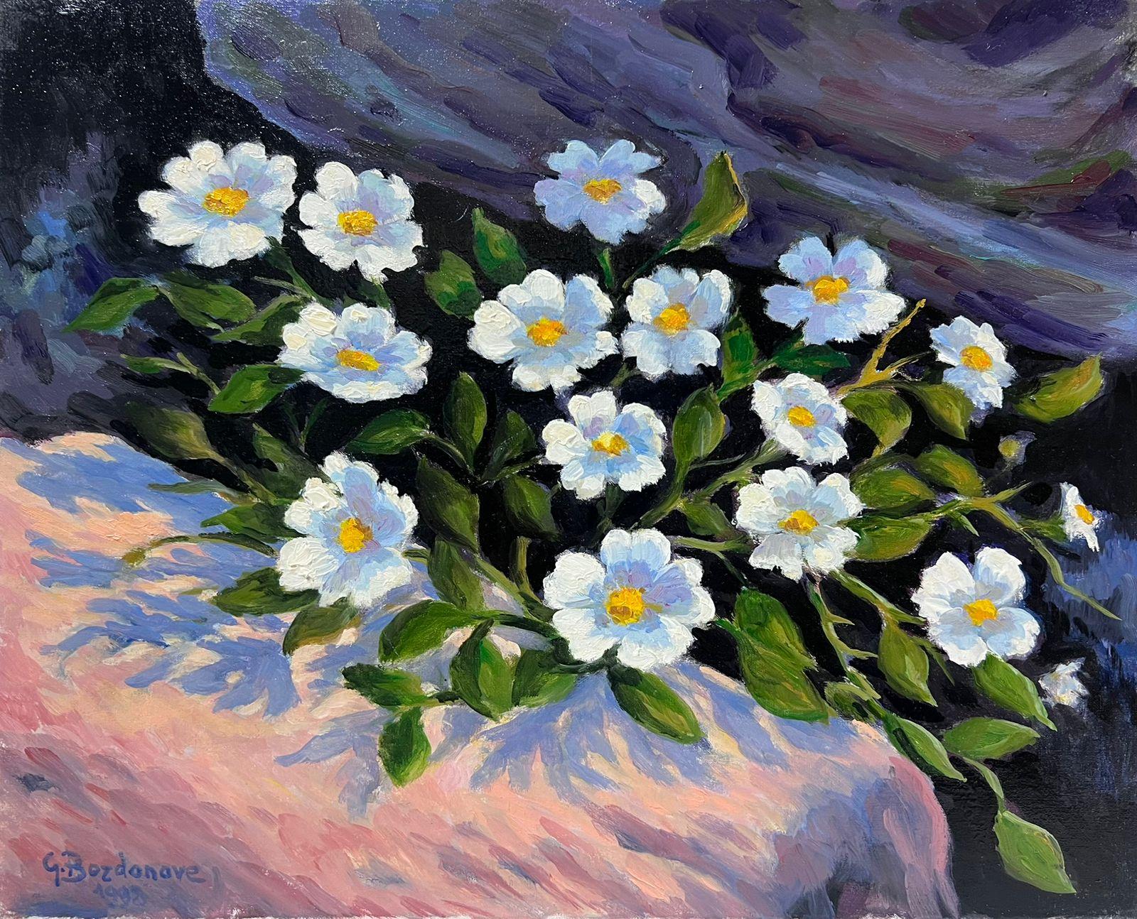 Contemporary French Impressionist Oil White Flowers on Rocky Ledge