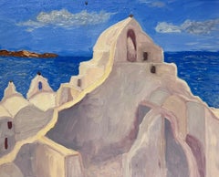 Contemporary French Impressionist Oil White Greece Temple By The Blue Sea