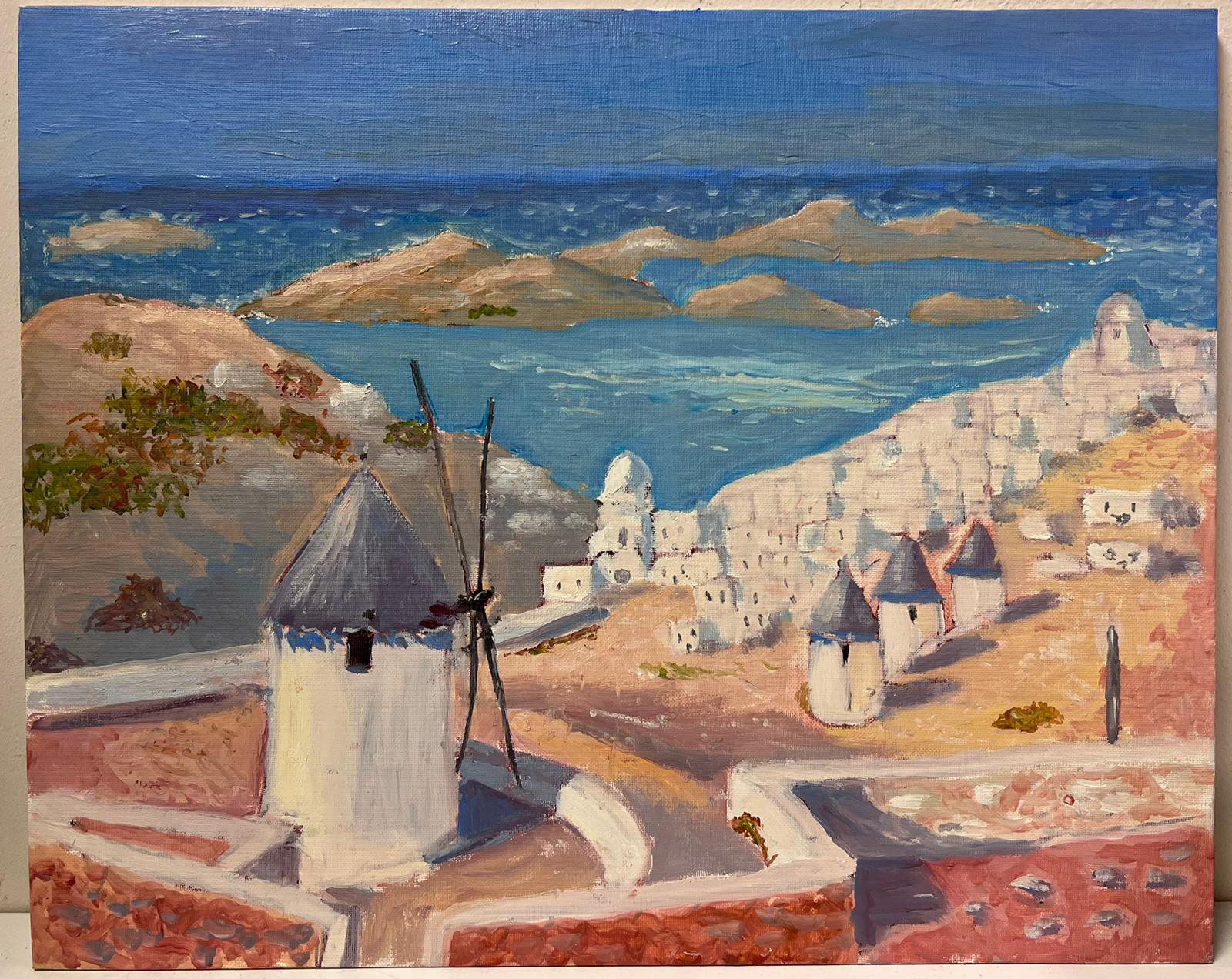 Contemporary French Impressionist Oil Windmill and White Town Houses Along Coast - Painting by Georges Bordonove