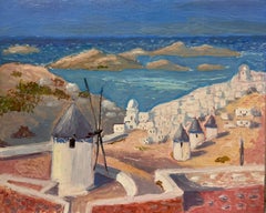 Contemporary French Impressionist Oil Windmill and White Town Houses Along Coast