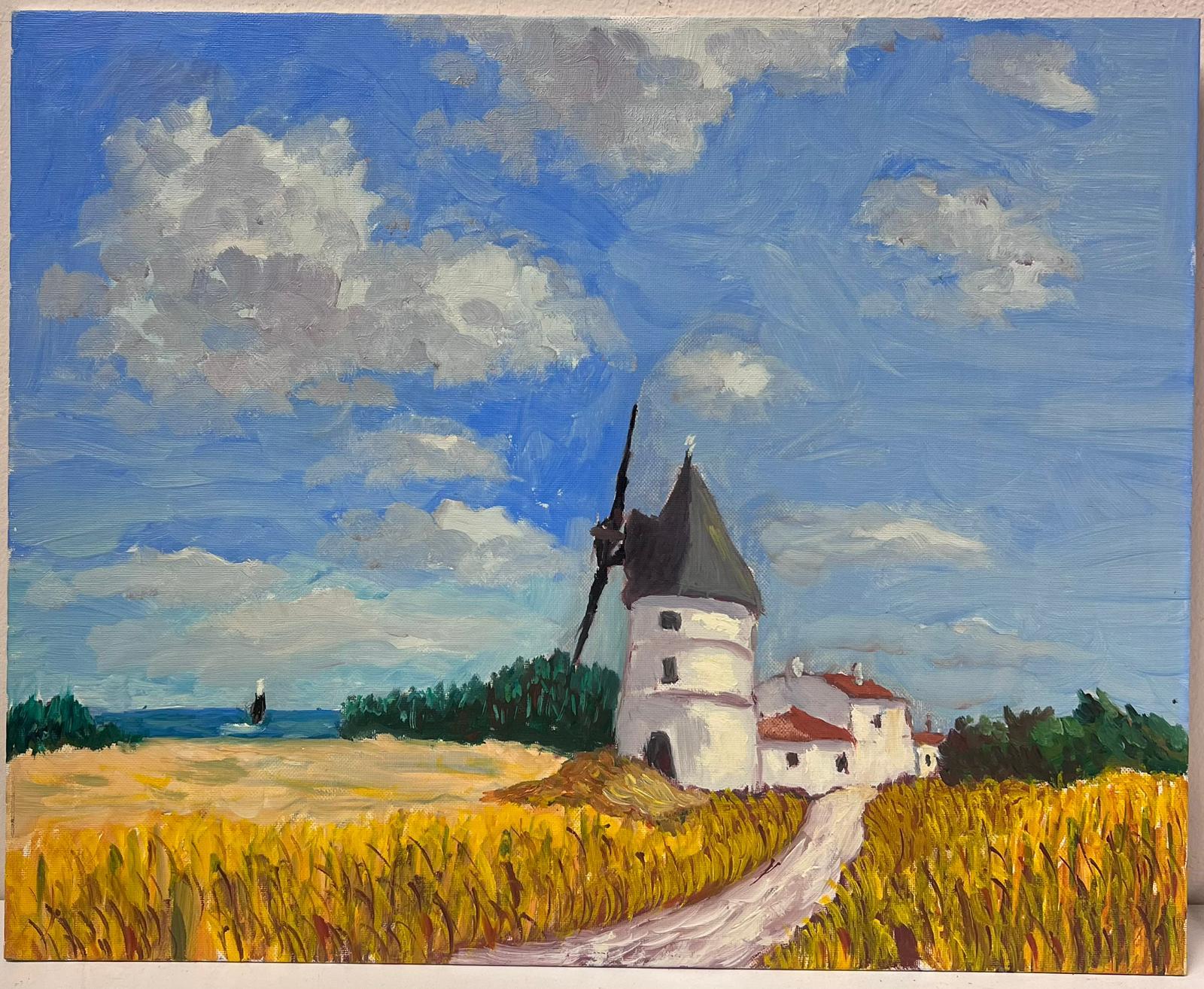 Olio impressionista francese contemporaneo Mulino a vento in un paesaggio di campi di grano in cielo blu - Painting di Georges Bordonove