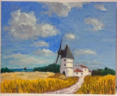 Contemporary French Impressionist Oil Windmill In Blue Sky Corn Field Landscape