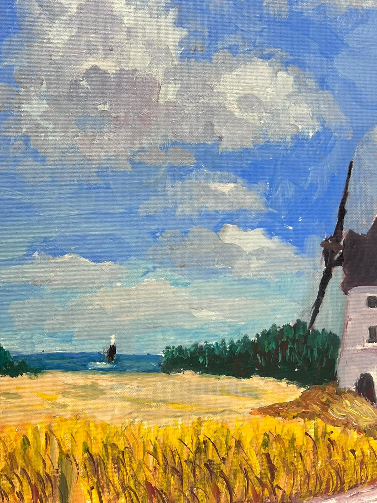 Olio impressionista francese contemporaneo Mulino a vento in un paesaggio di campi di grano in cielo blu - Painting Impressionismo di Georges Bordonove