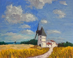 Olio impressionista francese contemporaneo Mulino a vento in un paesaggio di campi di grano in cielo blu
