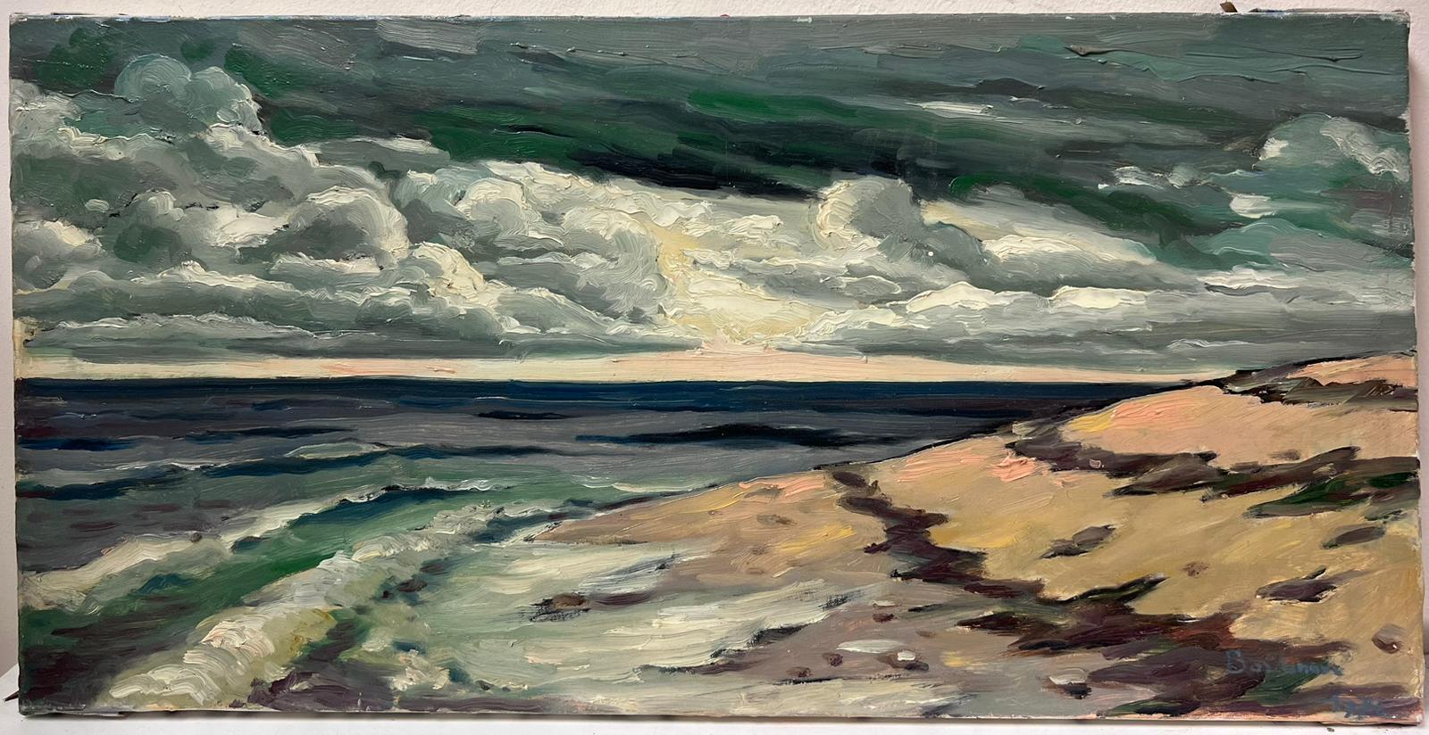 Huile impressionniste française contemporaine Plage balayée par le vent Nuages moutonneux Mer roulante - Painting de Georges Bordonove