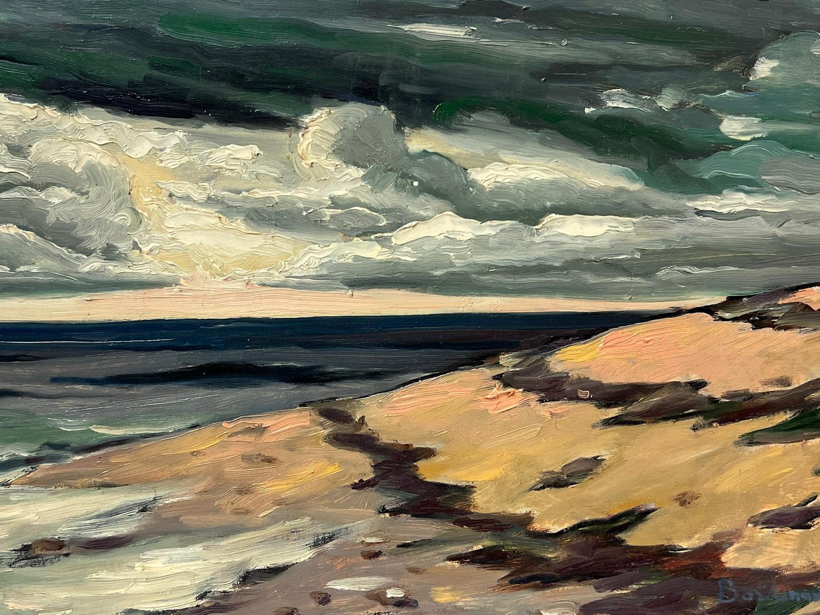 Contemporary French Impressionist Oil Windswept Beach Fluffy Clouds Rolling Sea - Gray Landscape Painting by Georges Bordonove