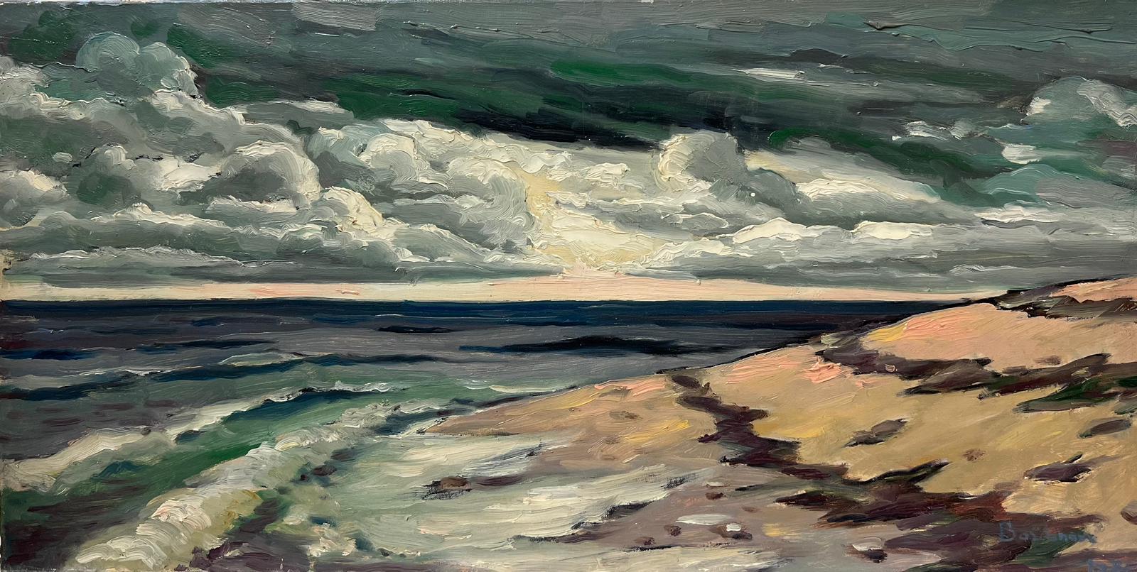 Landscape Painting Georges Bordonove - Huile impressionniste française contemporaine Plage balayée par le vent Nuages moutonneux Mer roulante