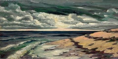 Huile impressionniste française contemporaine Plage balayée par le vent Nuages moutonneux Mer roulante