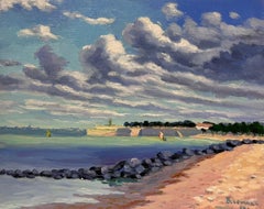 Huile impressionniste française contemporaine Scène côtière balayée par le vent Nuages moutonneux