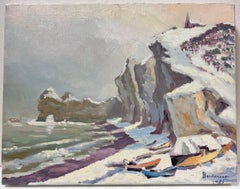 Contemporary French Impressionist Oil Winter Snow Seaside Rocky Coastline