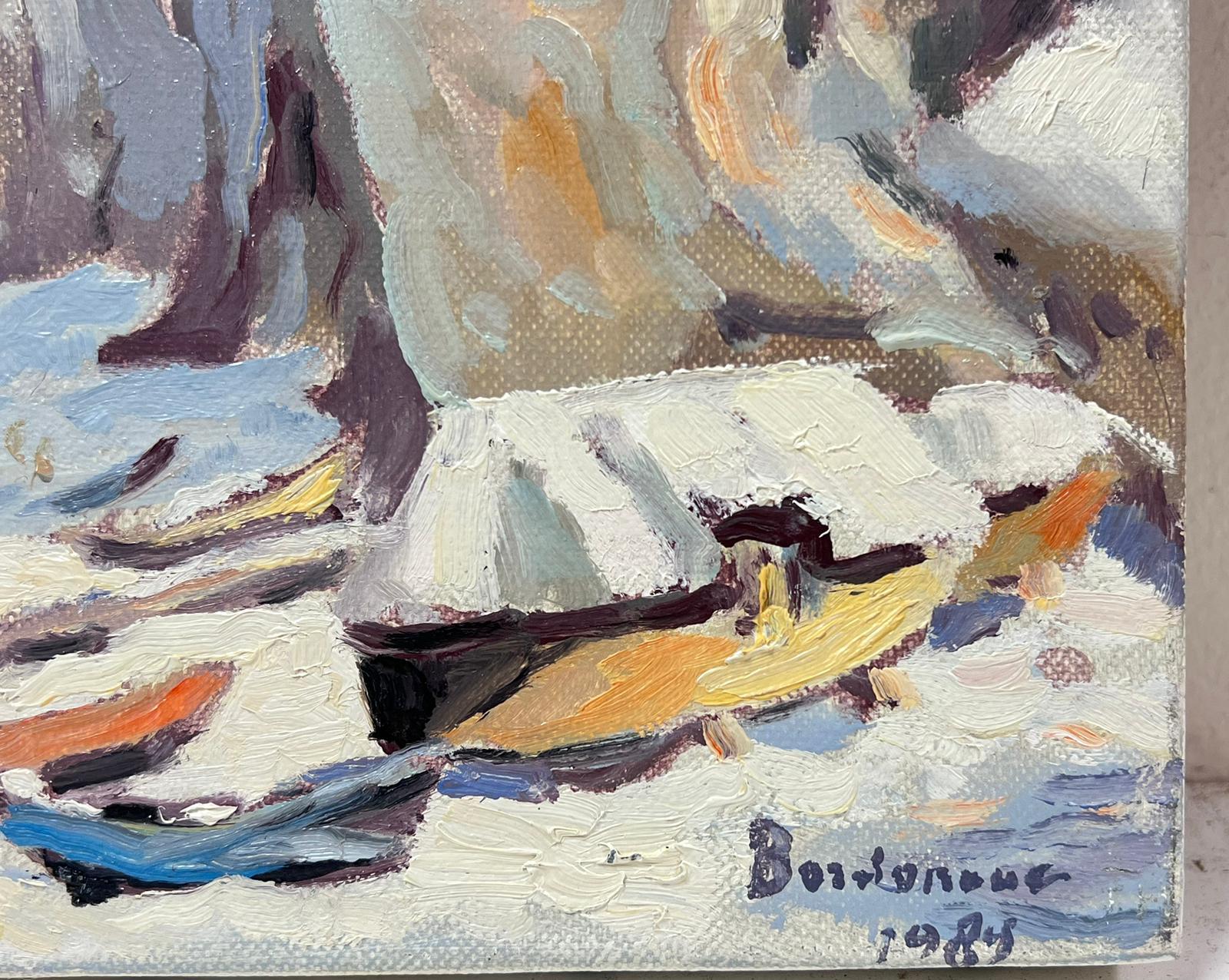 Contemporary French Impressionist Oil Winter Snow Seaside Rocky Coastline For Sale 1