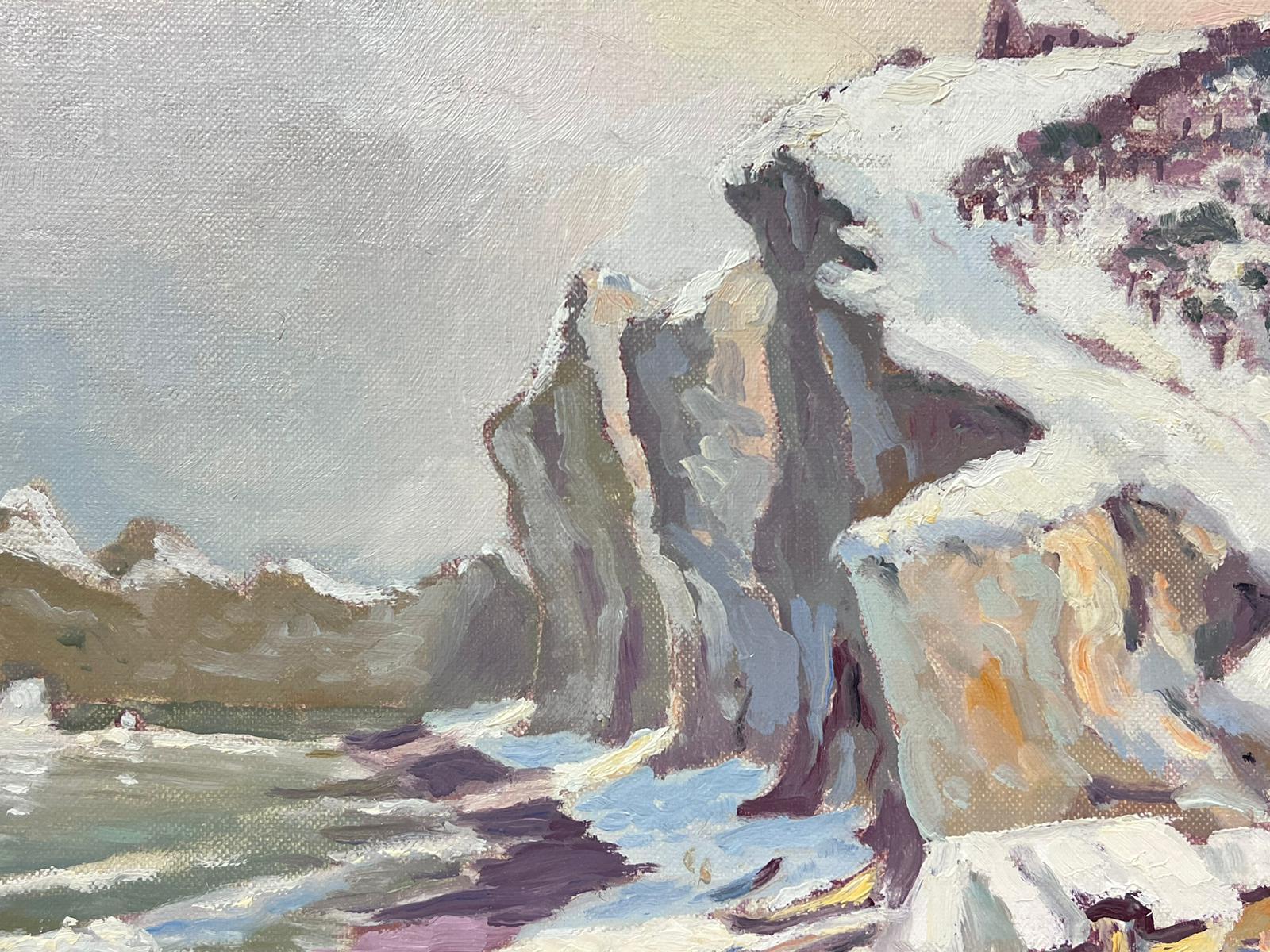 Contemporary French Impressionist Oil Winter Snow Seaside Rocky Coastline For Sale 2