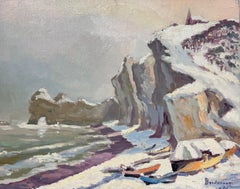Contemporary French Impressionist Oil Winter Snow Seaside Rocky Coastline