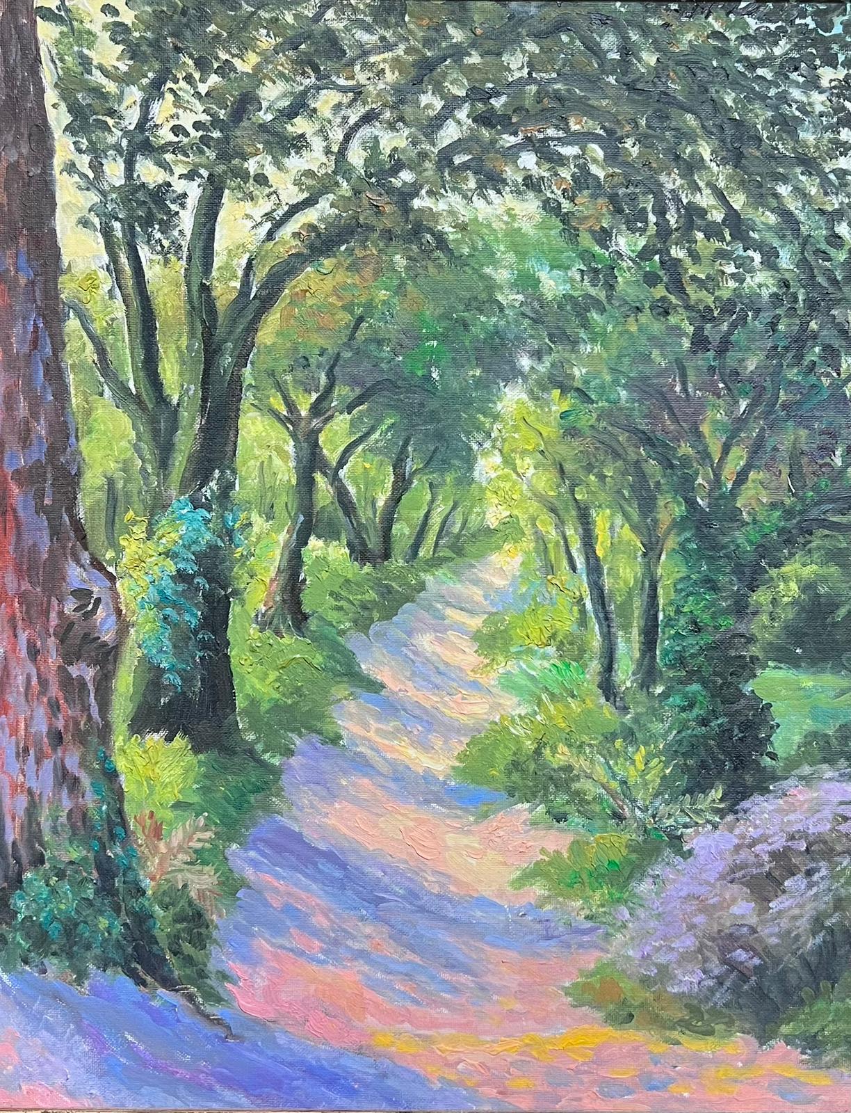 Olio impressionista francese contemporaneo Viale dei boschi Alberi Sentiero illuminato dal sole - Painting di Georges Bordonove