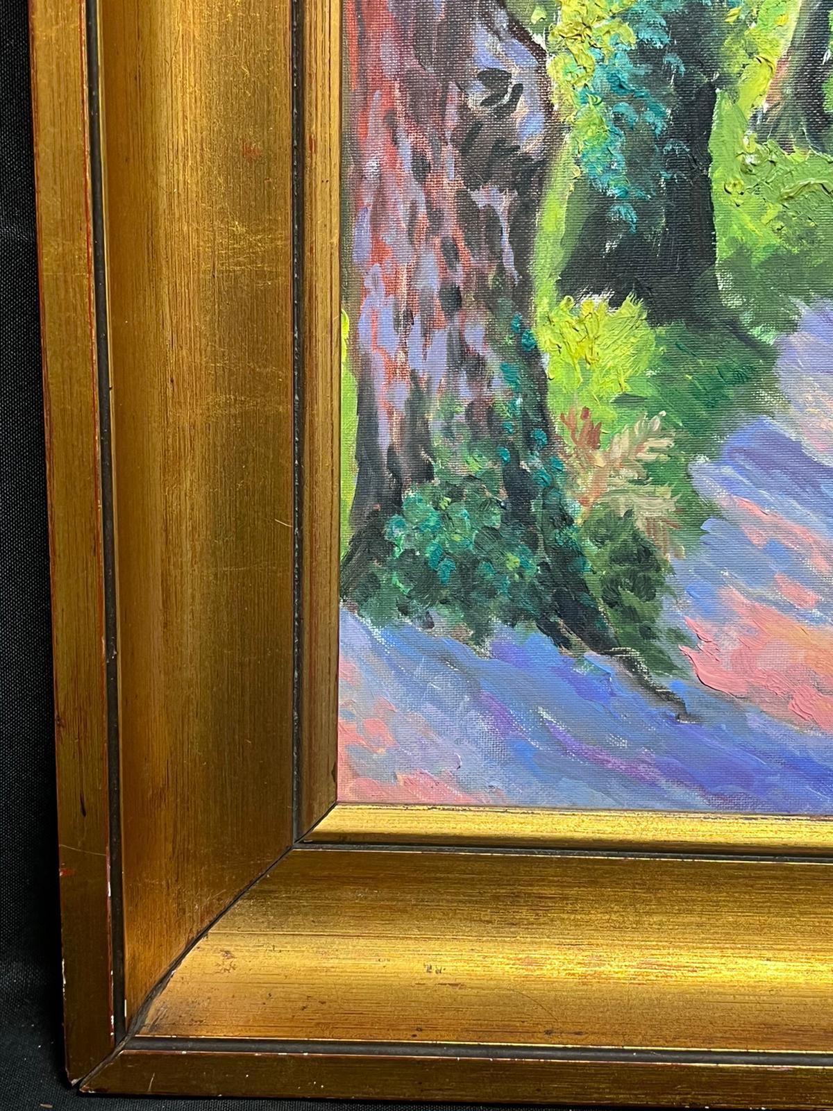 Olio impressionista francese contemporaneo Viale dei boschi Alberi Sentiero illuminato dal sole - Painting Impressionismo di Georges Bordonove