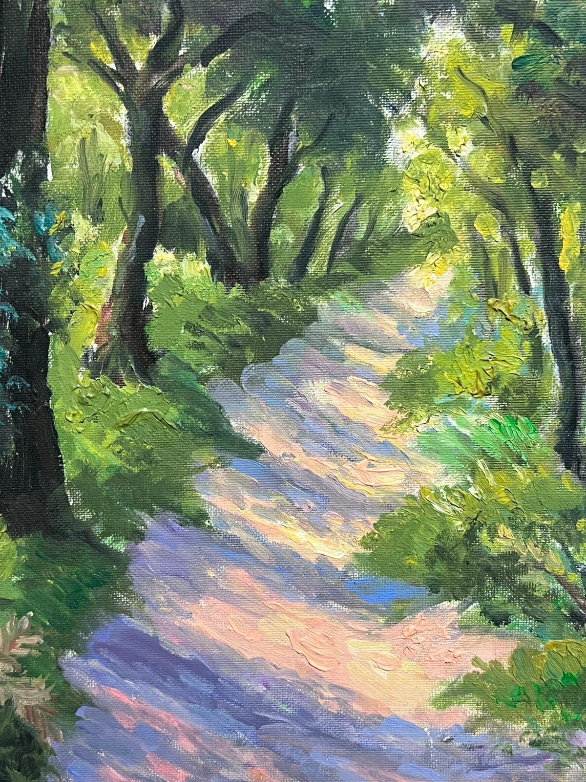 Olio impressionista francese contemporaneo Viale dei boschi Alberi Sentiero illuminato dal sole 1