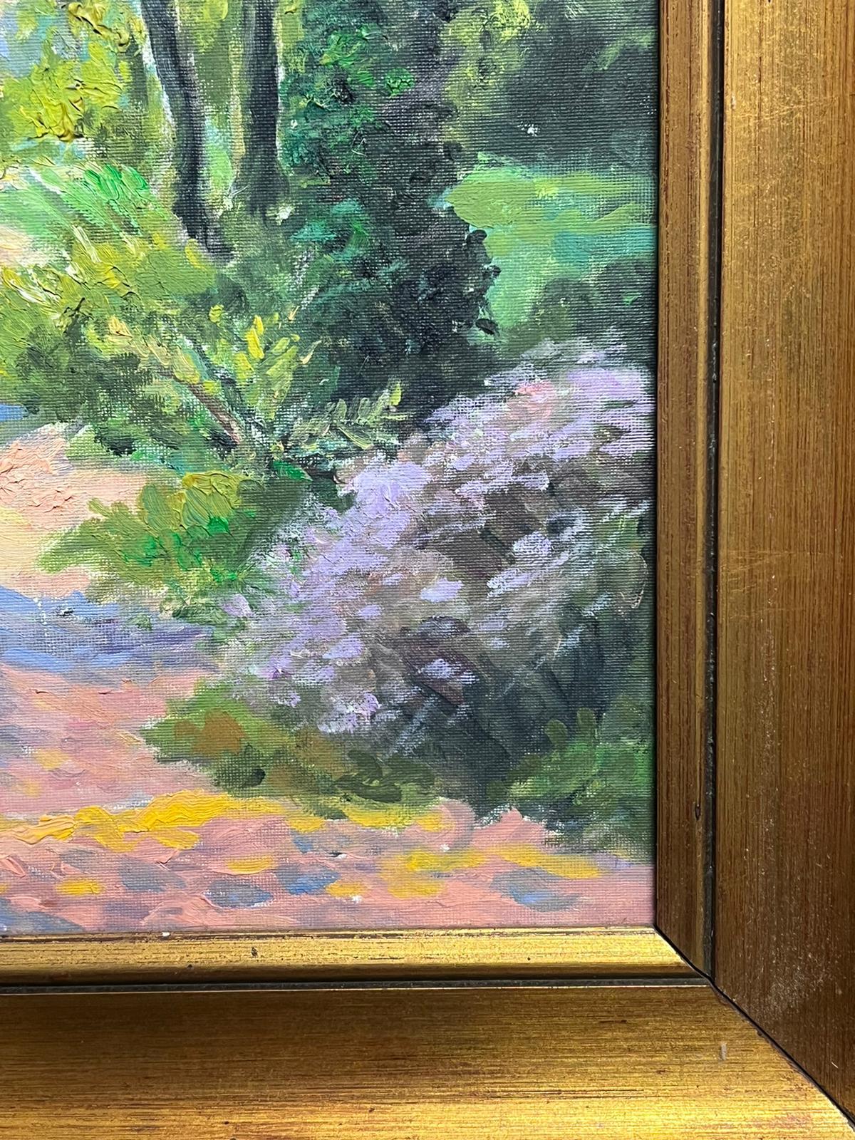 Olio impressionista francese contemporaneo Viale dei boschi Alberi Sentiero illuminato dal sole 2