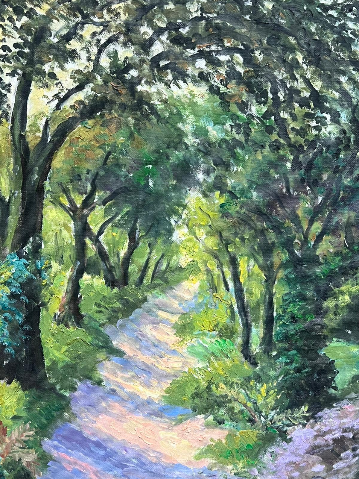 Olio impressionista francese contemporaneo Viale dei boschi Alberi Sentiero illuminato dal sole 3