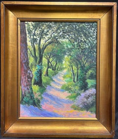 Olio impressionista francese contemporaneo Viale dei boschi Alberi Sentiero illuminato dal sole