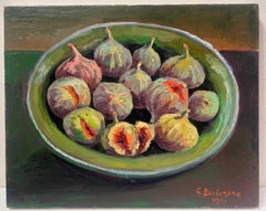 Contemporary French Impressionist Signed Oil Figs in a Green Bowl Still Life