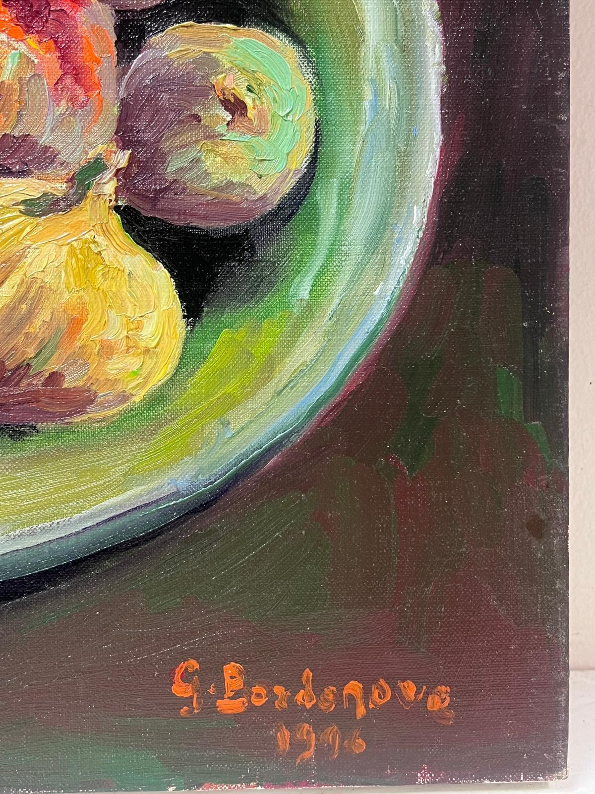 Contemporary French Impressionist Signed Oil Figs in a Green Bowl Still Life im Angebot 1