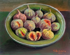 Retro Contemporary French Impressionist Signed Oil Figs in a Green Bowl Still Life