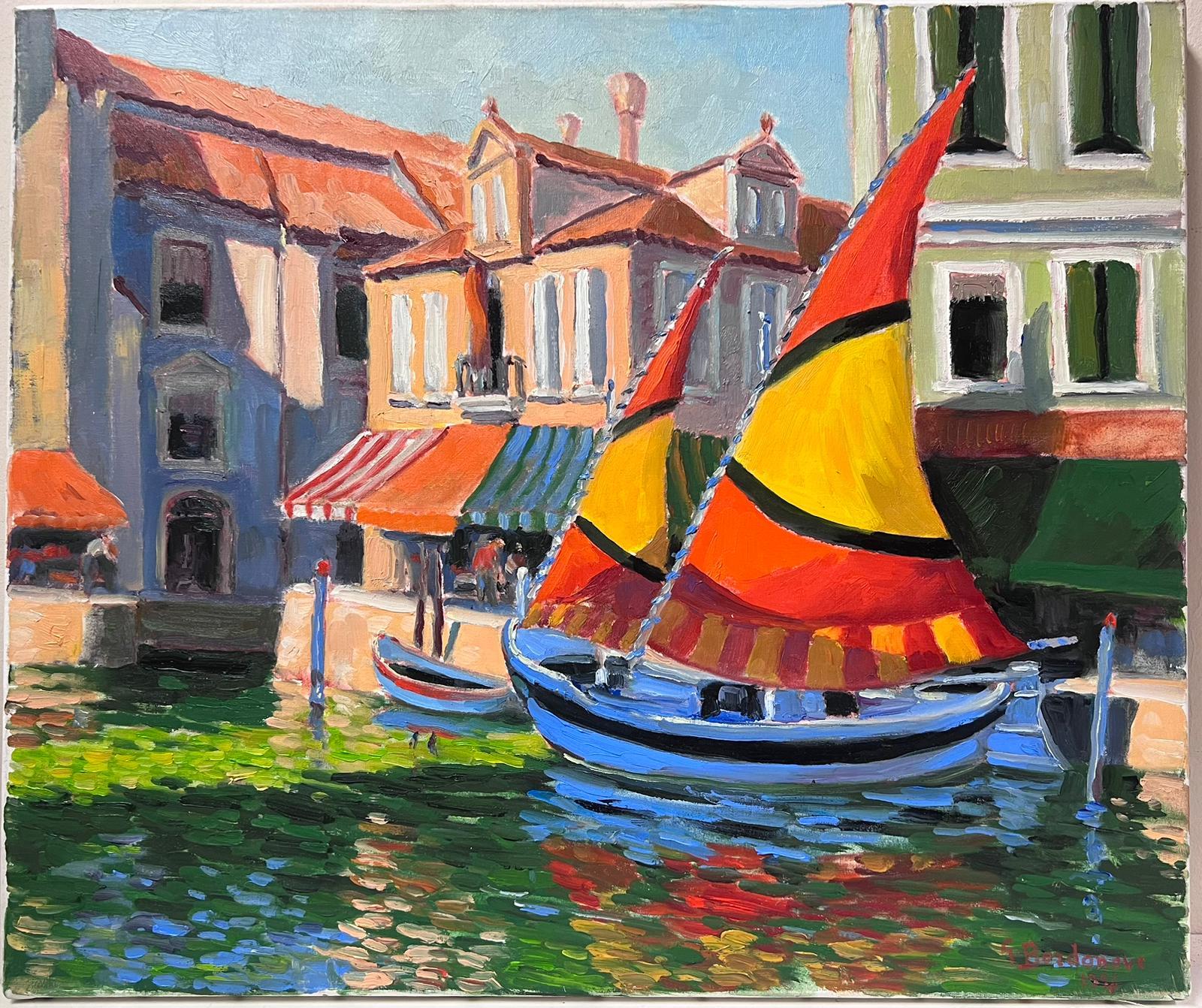 Contemporary French Impressionist Signed Oil Sunny French Harbour with Boats - Gray Landscape Painting by Georges Bordonove