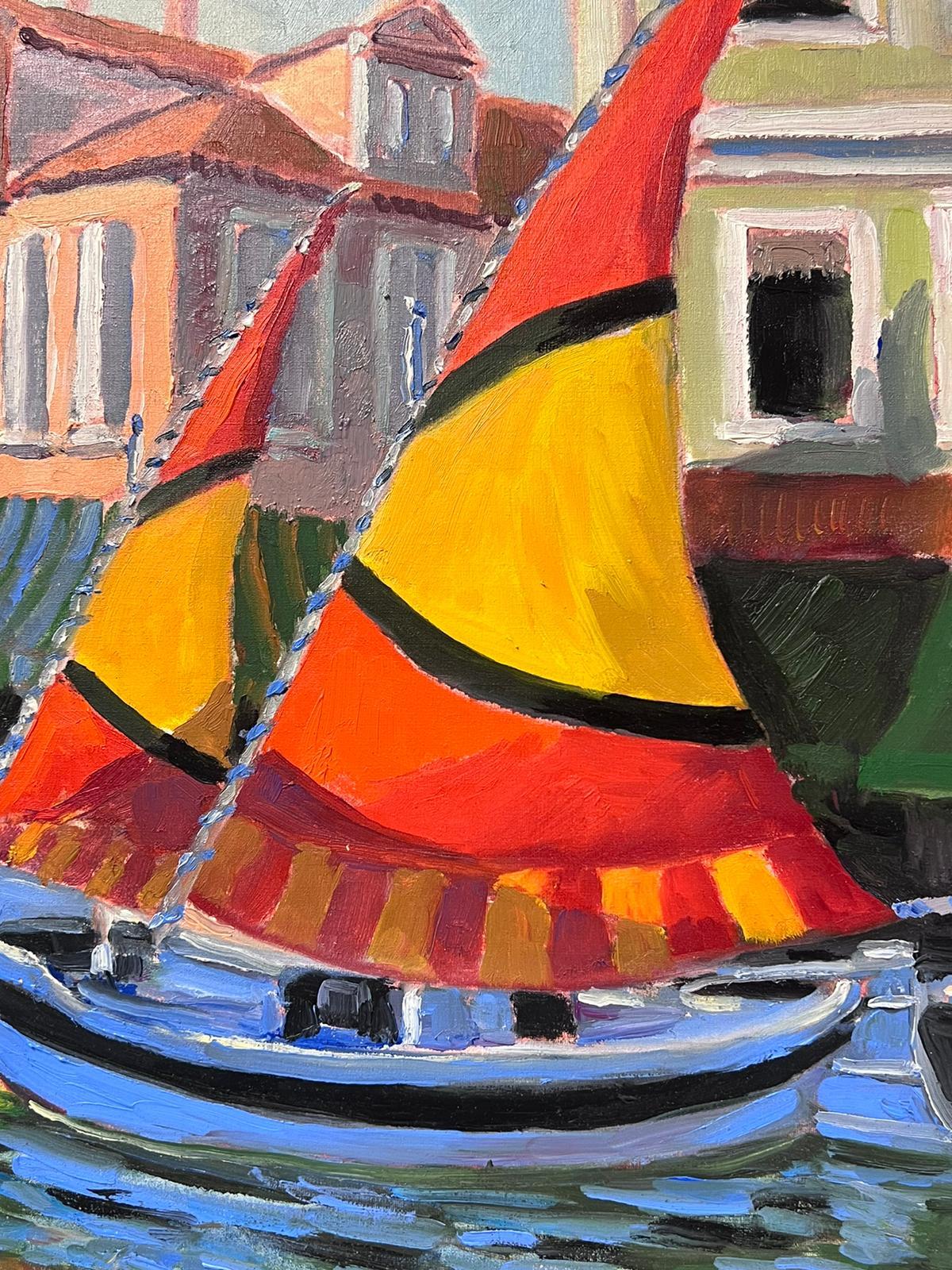 Contemporary French Impressionist Signed Oil Sunny French Harbour with Boats For Sale 1