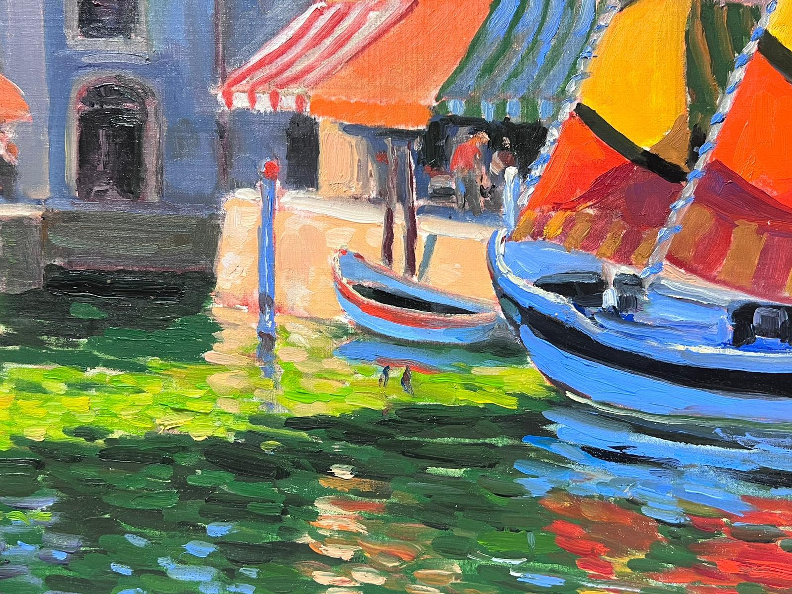Contemporary French Impressionist Signed Oil Sunny French Harbour with Boats For Sale 2