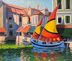 Huile impressionniste française contemporaine signée Port français ensoleillé avec bateaux