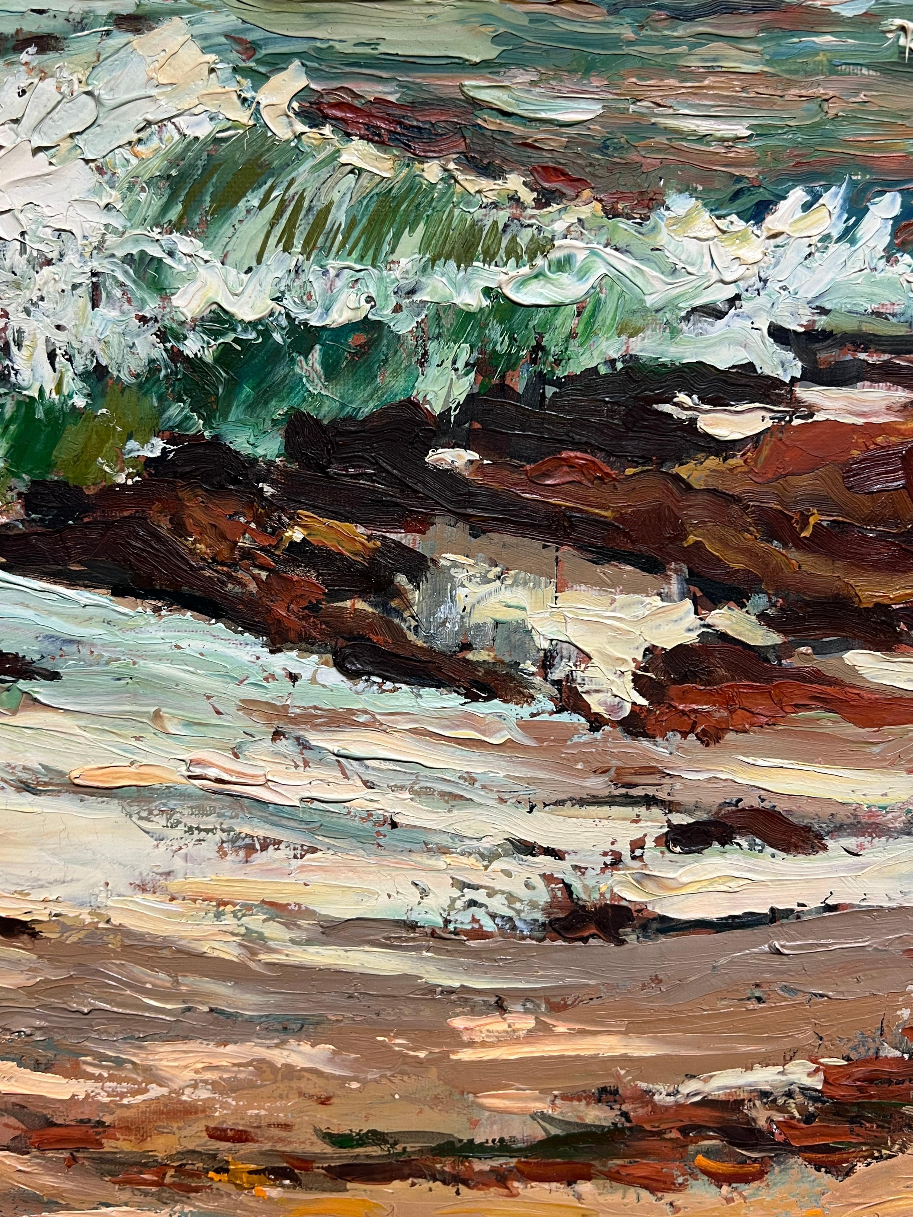 Dramático paisaje marino costero con cielo tormentoso Pintura al óleo de textura expresiva en venta 5