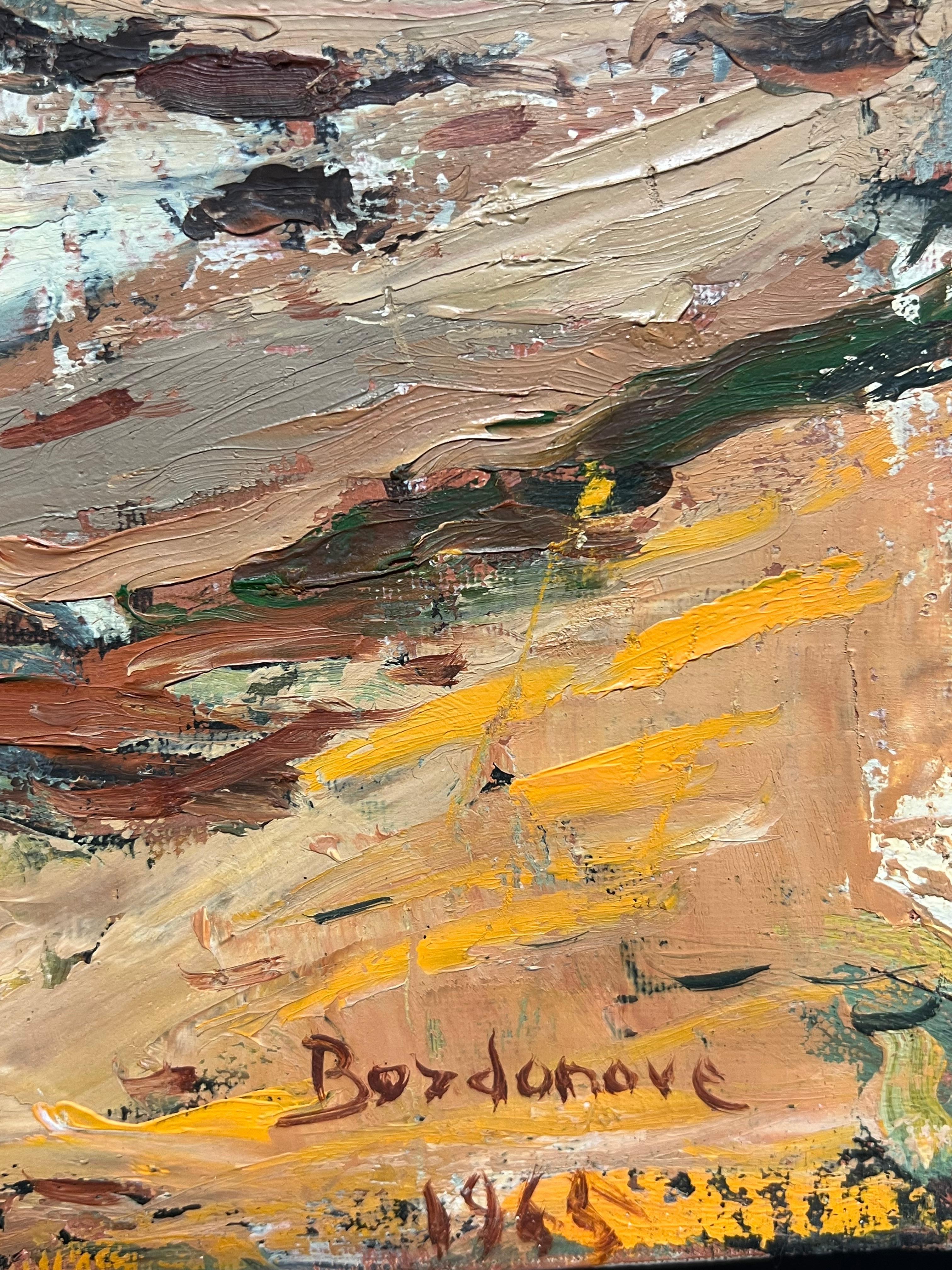 Dramático paisaje marino costero con cielo tormentoso Pintura al óleo de textura expresiva en venta 6